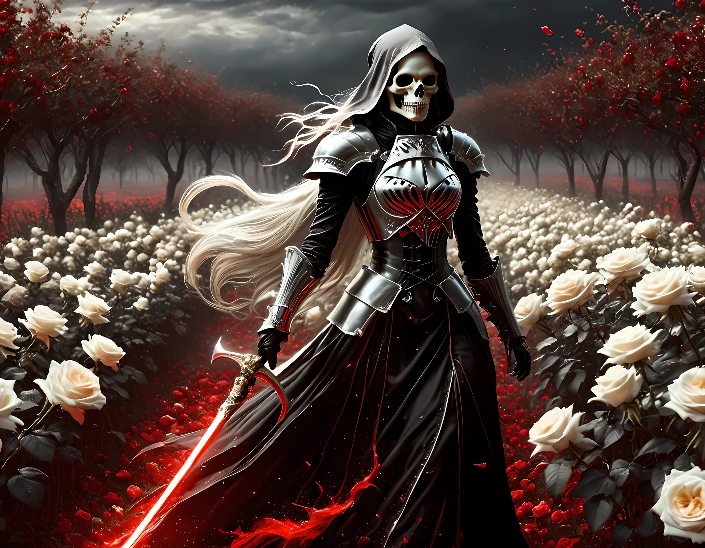 dark fantasy art, a female skeletal grim reaper in a field of white roses, the reaper has (skeletal head: 1.3) , long (white: 1.2) hair , red glowing eyes, she wears black robes, and black armor dress, ArmoredDress, flowing robes, she holds a scythe, in her arms, the scythe is dripping blood, a field of (white roses 1.4)  background, dynamic range, ultra wide shot, photorealism, depth of field, hyper realistic, RagingNebula