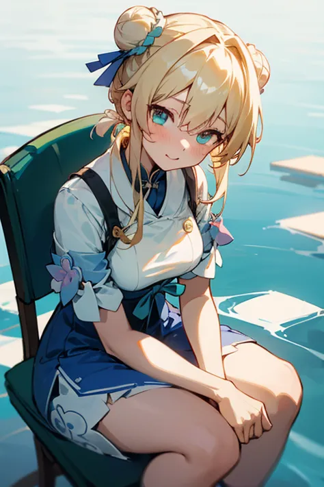 Front facing white, girl, sitting on a chair, blonde hair tied two buns,pretty, anime, beautiful green eyes, March 7th camera po...