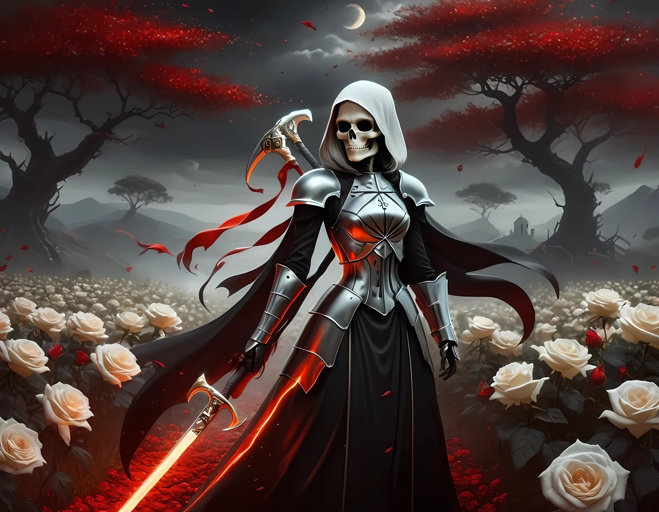 黑暗幻想艺术, a female skeletal grim reaper in a field of 白色的 roses, 收割者有 (骷髅头: 1.3) , 长的 (白色的: 1.2) 头发 , 红色发光的眼睛, 她穿着黑色长袍, 和黑色铠甲连衣裙, 装甲服, 飘逸长袍, 她拿着一把镰刀, 在她的怀里, 镰刀滴着血, a field of 白色的 roses background (最好的细节, 杰作, 最好的质量: 1.4), 动态范围, 超广角拍摄, 照相写实主义, 景深, 超现实主义, 狂暴星云