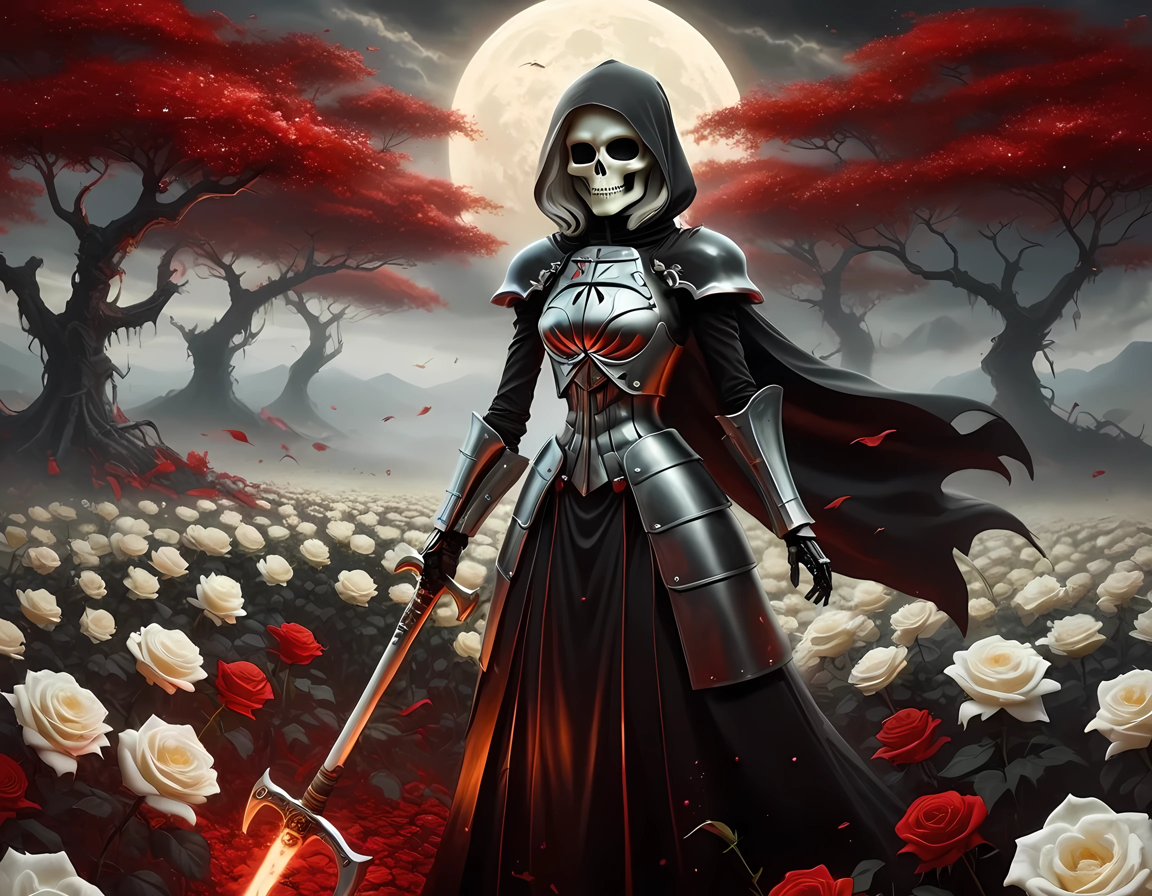 dark fantasy art, a female skeletal grim reaper in a field of white roses, the reaper has (skeletal head: 1.3) , long (white: 1.2) hair , red glowing eyes, she wears black robes, and black armor dress, ArmoredDress, flowing robes, she holds a scythe, in her arms, the scythe is dripping blood, a field of white roses background (best details, Masterpiece, best quality: 1.4), dynamic range, ultra wide shot, photorealism, depth of field, hyper realistic, RagingNebula