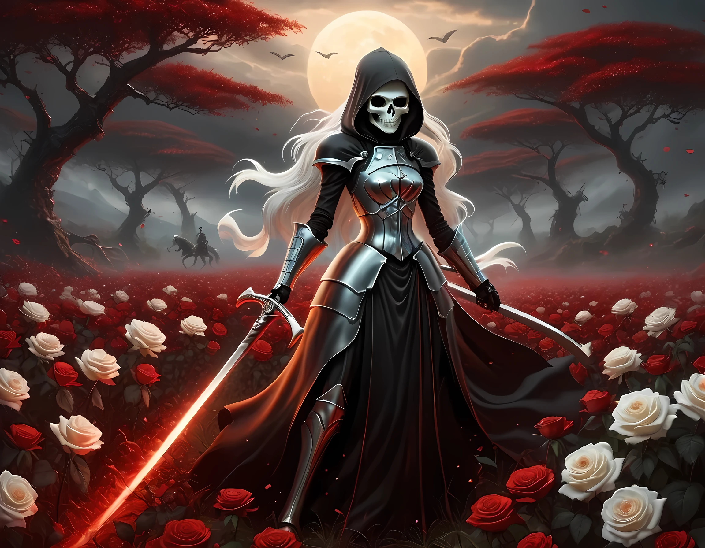 arte de fantasia sombria, a female skeletal grim reaper in a field of branco roses, o ceifador tem (cabeça esquelética: 1.3) , longo (branco: 1.2) cabelo , olhos vermelhos brilhantes, ela usa vestes pretas, e vestido de armadura preta, Vestido Blindado, vestes esvoaçantes, ela segura uma foice, em seus braços, a foice está pingando sangue, a field of branco roses background (melhores detalhes, obra de arte, melhor qualidade: 1.4), Faixa Dinâmica, foto ultra ampla, fotorrealismo, profundidade de campo, hiper-realista, Nebulosa Furiosa