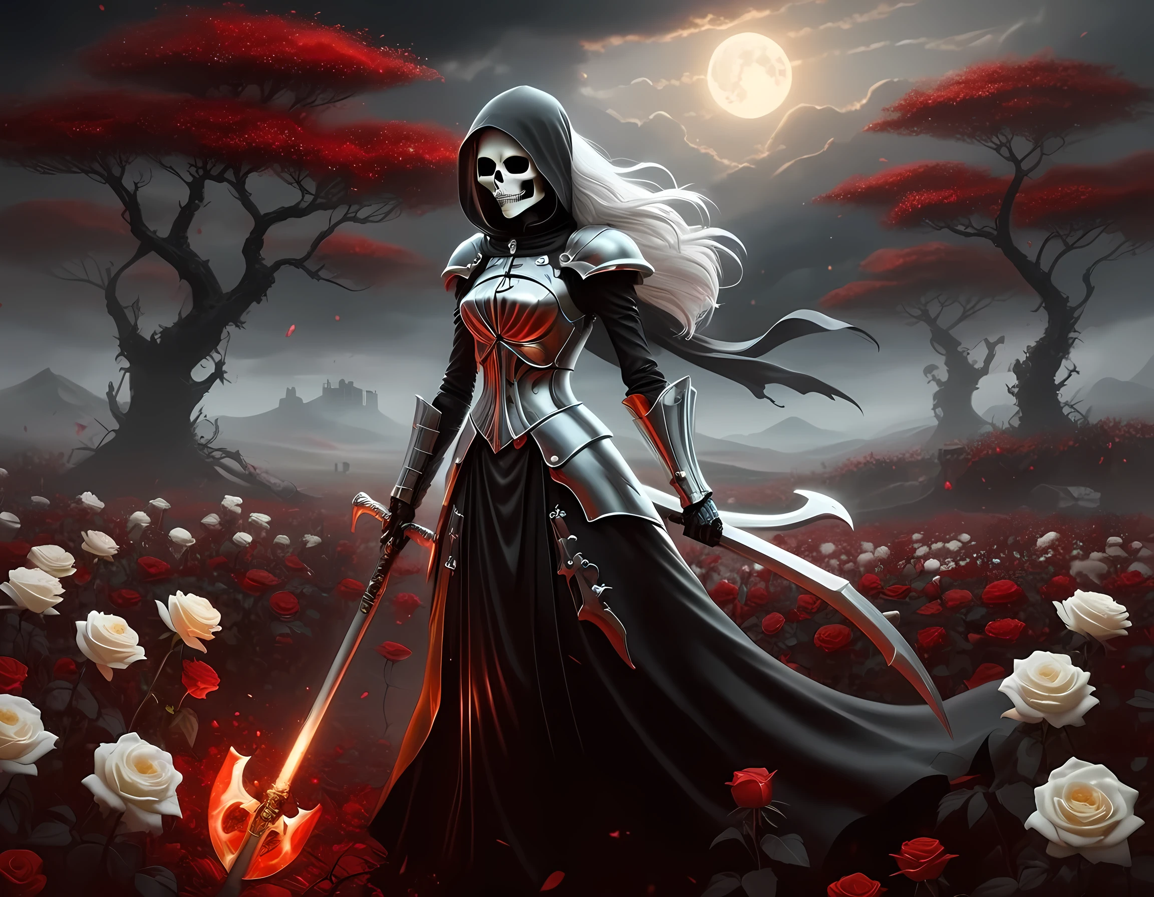 art fantastique sombre, a female skeletal grim reaper in a field of blanc roses, le faucheur a (tête squelettique: 1.3) , Long (blanc: 1.2) cheveux , yeux rouges brillants, elle porte des robes noires, et une robe d&#39;armure noire, Robe blindée, robes fluides, elle tient une faux, Dans ses bras, la faux dégouline de sang, a field of blanc roses background (meilleurs détails, chef-d&#39;œuvre, Meilleure qualité: 1.4), Plage dynamique, plan ultra large, photoréalisme, profondeur de champ, hyper réaliste, nébuleuse enragée