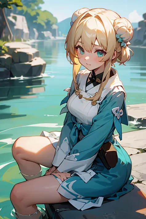 front facing white, girl, sitting on a stone, blonde hair tied two buns,pretty, anime, beautiful green eyes, march 7th camera po...