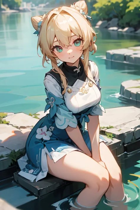 Front facing white, girl, sitting on a stone, blonde hair tied two buns,pretty, anime, beautiful green eyes, March 7th camera po...