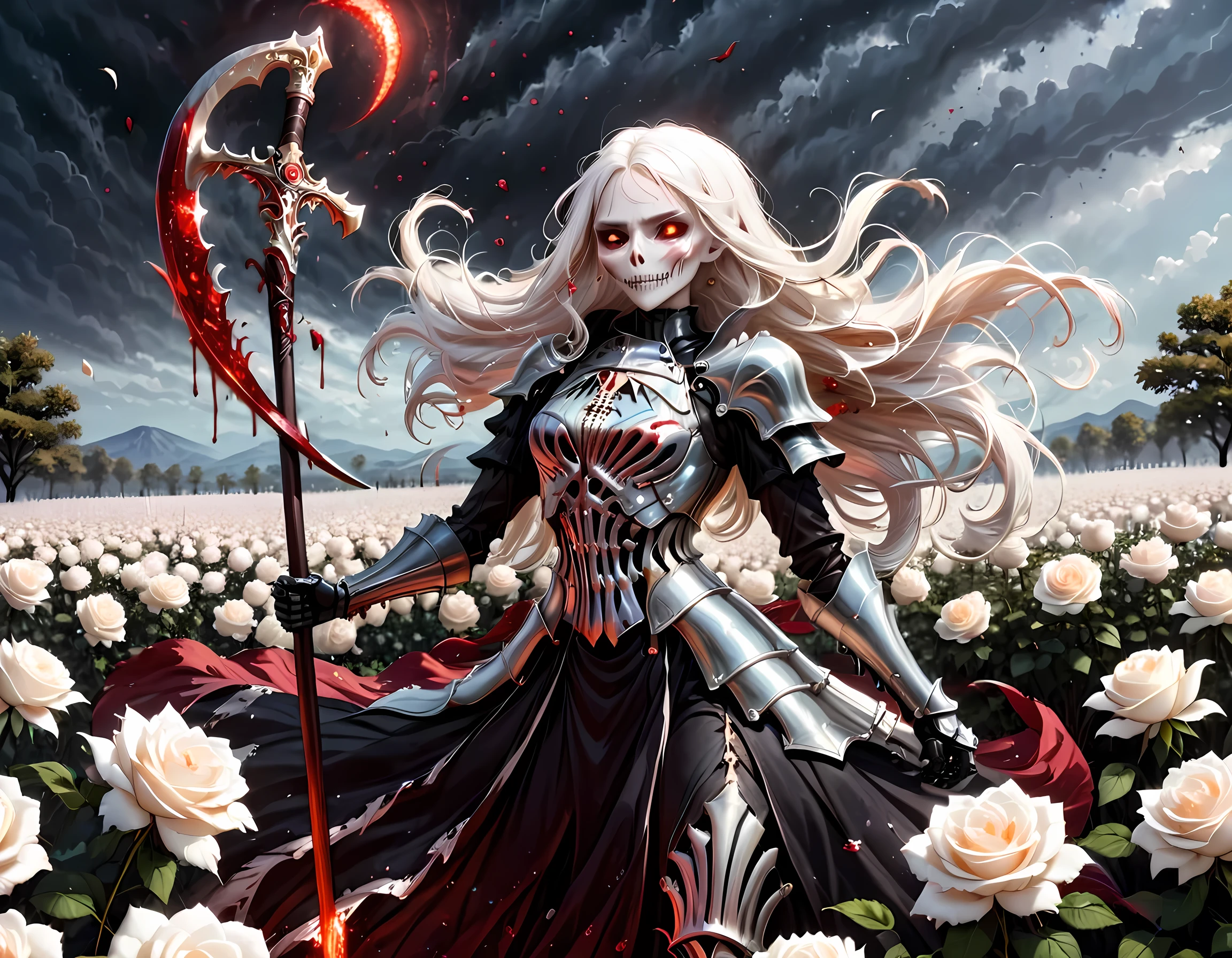 dark fantasy art, a female skeletal grim reaper in a field of white roses, the reaper has (skeletal head: 1.3) , long (white: 1.2) hair , red glowing eyes, she wears black robes, and black armor dress, ArmoredDress, flowing robes, she holds a scythe, in her arms, the scythe is dripping blood, a field of white roses background (best details, Masterpiece, best quality: 1.4), dynamic range, ultra wide shot, photorealism, depth of field, hyper realistic, RagingNebula
