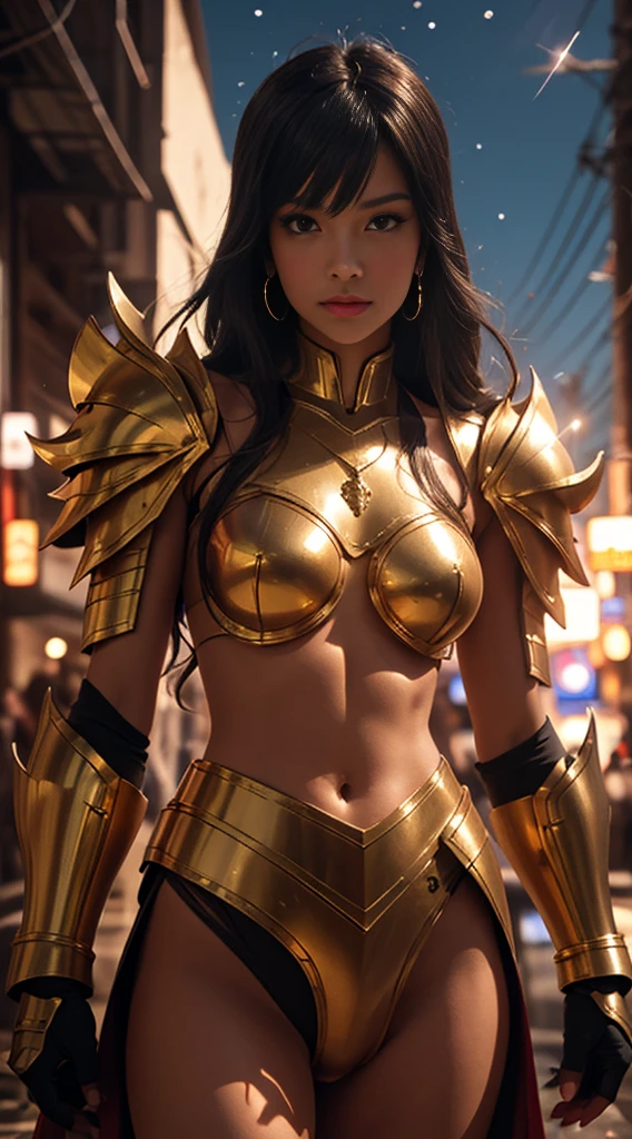 Ultra-high saturation，（tmasterpiece）， fully body photo，（best qualtiy）， （1girll）， starryskybackground，Wearing shiny gold armor， cool-pose， Saint Seiya Armor， messy hair，high detal, Anime style, Cinematic lighting, Sparkle, god light, Ray traching, filmgrain, hyper HD, textureskin, super detailing, Anatomical correct, A high resolution，Ultra-high saturation，hight contrast，High-gloss armor，Smooth skin，Serious expressions,Dark room,