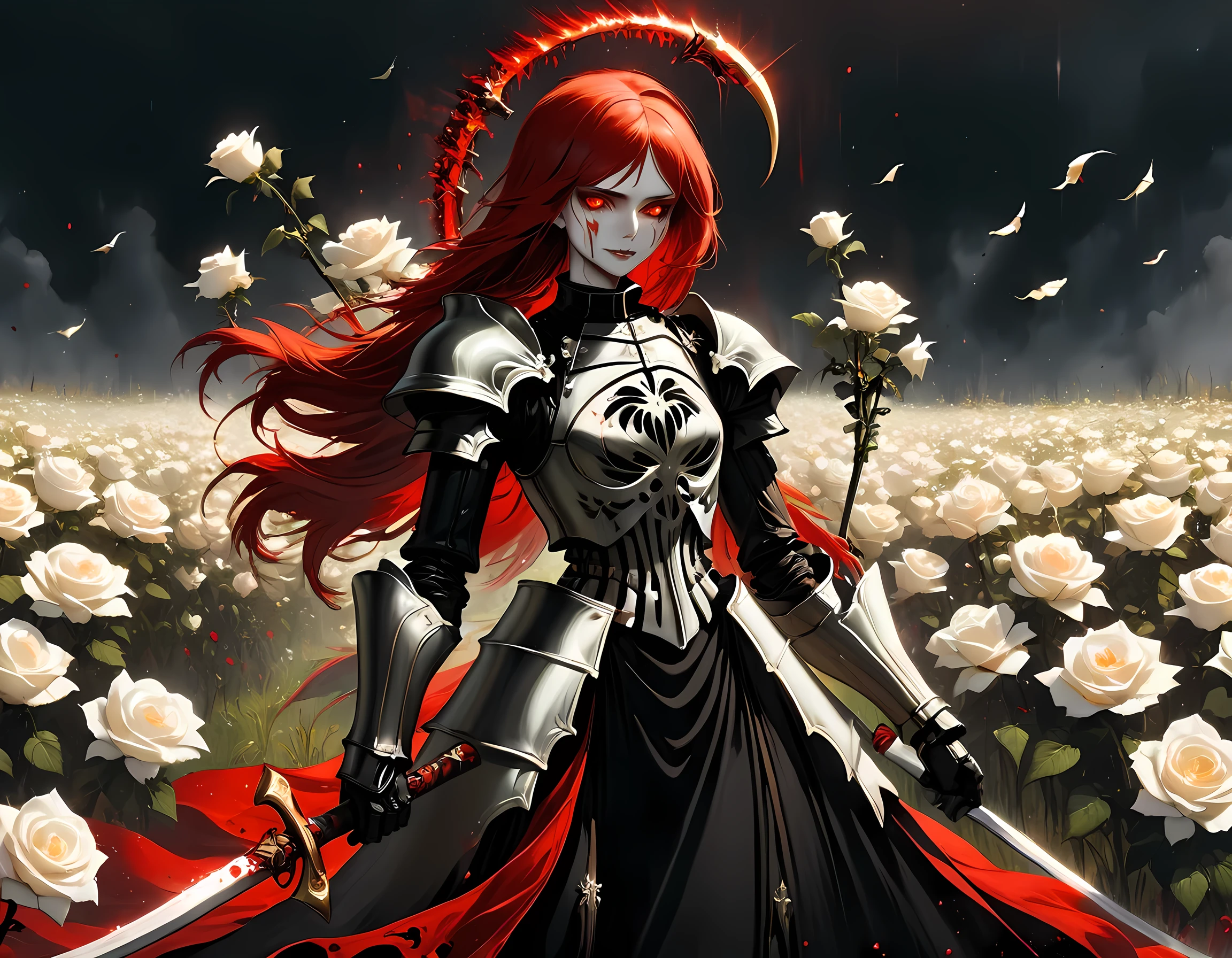 dark fantasy art, a female skeletal grim reaper in a field of white roses, the reaper has (skeletal head: 1.3) , long (red: 1.2) hair , red glowing eyes, she wears black robes, and black armor dress, ArmoredDress, flowing robes, she holds a scythe, in her arms, the scythe is dripping blood, a field of white roses background (best details, Masterpiece, best quality: 1.4), dynamic range, ultra wide shot, photorealism, depth of field, hyper realistic, RagingNebula