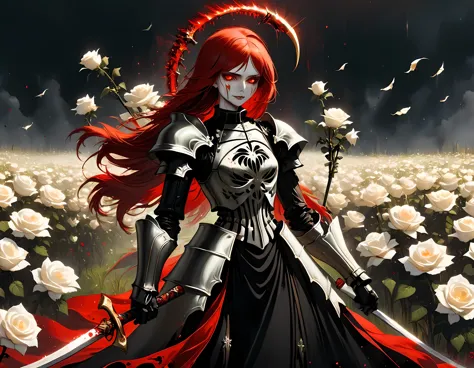 dark fantasy art, a female skeletal grim reaper in a field of white roses, the reaper has (skeletal head: 1.3) , long (red: 1.2)...