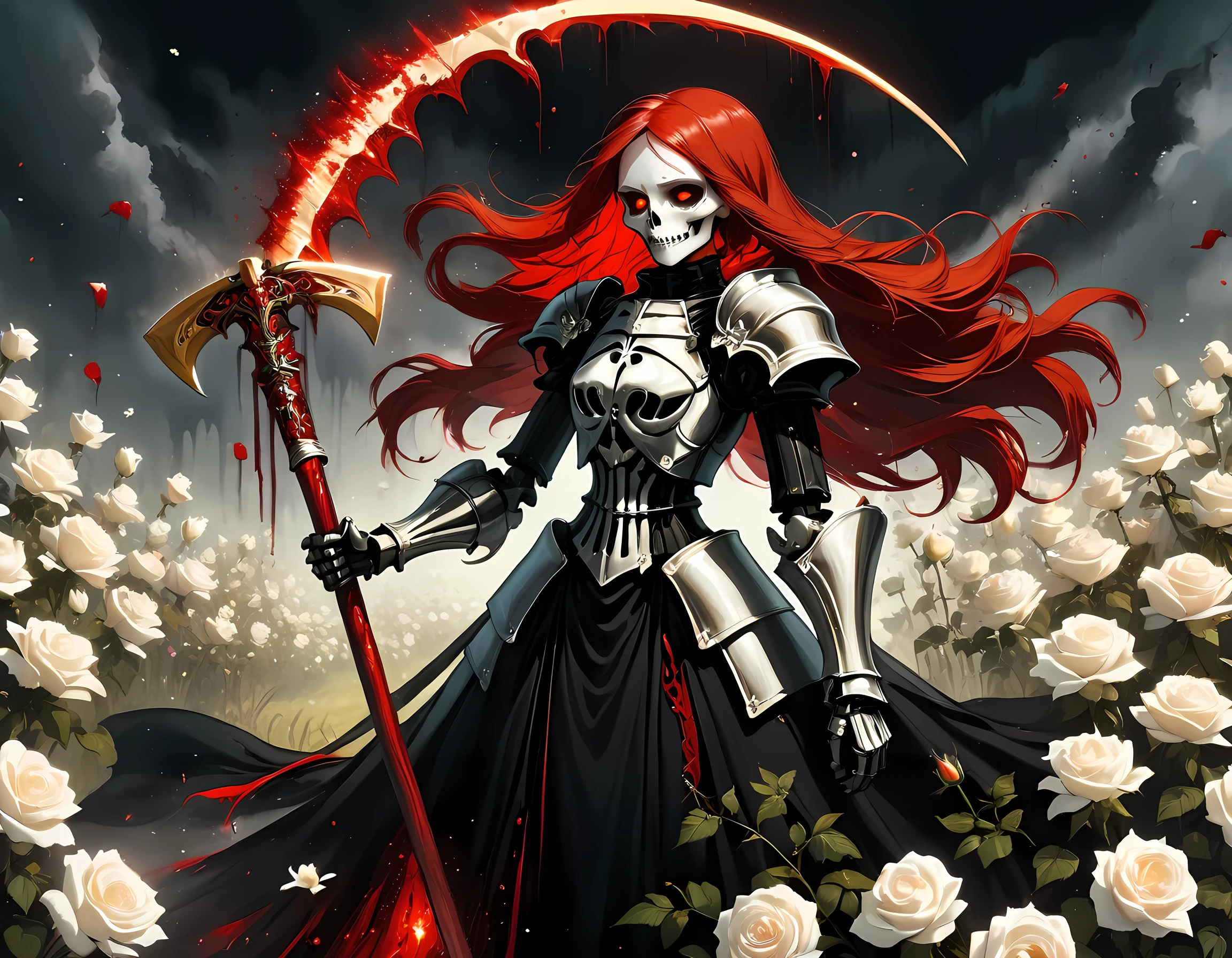 arte de fantasia sombria, um ceifador esquelético feminino em um campo de rosas brancas, o ceifador tem (cabeça esquelética: 1.3) , longo (vermelho: 1.2) cabelo , vermelho glowing eyes, ela usa vestes pretas, e vestido de armadura preta, ArmovermelhoDress, vestes esvoaçantes, ela segura uma foice, em seus braços, a foice está pingando sangue, um campo de fundo de rosas brancas (melhores detalhes, obra de arte, melhor qualidade: 1.4), Faixa Dinâmica, foto ultra ampla, fotorrealismo, profundidade de campo, hiper-realista, Nebulosa Furiosa