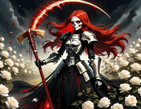 dark fantasy art, a female skeletal grim reaper in a field of white roses, the reaper has (skeletal head: 1.3) , long (red: 1.2)...