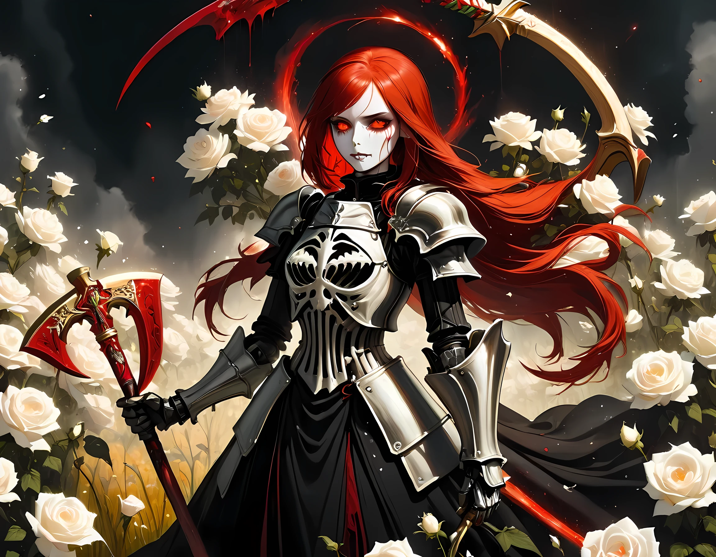 dark fantasy art, a female skeletal grim reaper in a field of white roses, the reaper has (skeletal head: 1.3) , long (red: 1.2) hair , red glowing eyes, she wears black robes, and black armor dress, ArmoredDress, flowing robes, she holds a scythe, in her arms, the scythe is dripping blood, a field of white roses background (best details, Masterpiece, best quality: 1.4), dynamic range, ultra wide shot, photorealism, depth of field, hyper realistic, RagingNebula