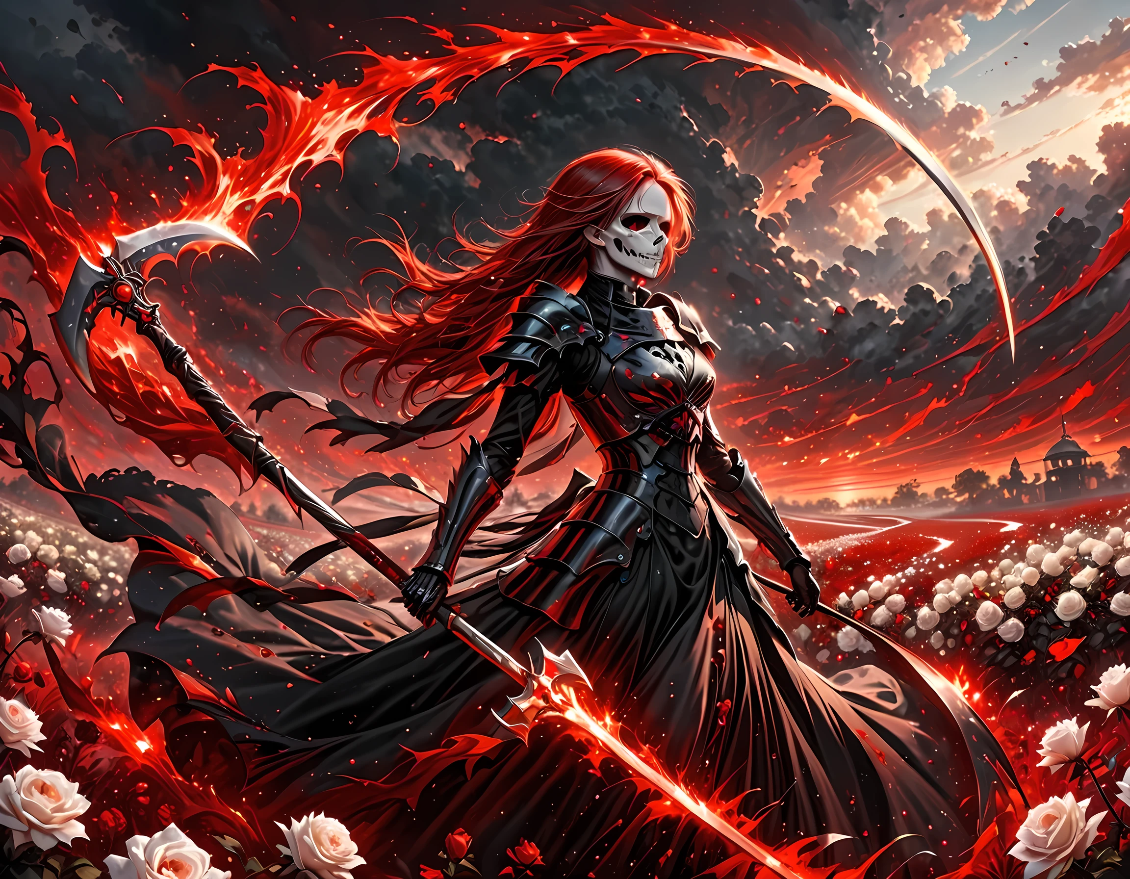 arte de fantasia sombria, um ceifador esquelético feminino em um campo de rosas brancas, o ceifador tem (cabeça esquelética: 1.3) , longo (vermelho: 1.2) cabelo , vermelho glowing eyes, ela usa vestes pretas, e vestido de armadura preta, ArmovermelhoDress, vestes esvoaçantes, ela segura uma foice, em seus braços, a foice está pingando sangue, um campo de fundo de rosas brancas (melhores detalhes, obra de arte, melhor qualidade: 1.4), Faixa Dinâmica, foto ultra ampla, fotorrealismo, profundidade de campo, hiper-realista, Nebulosa Furiosa