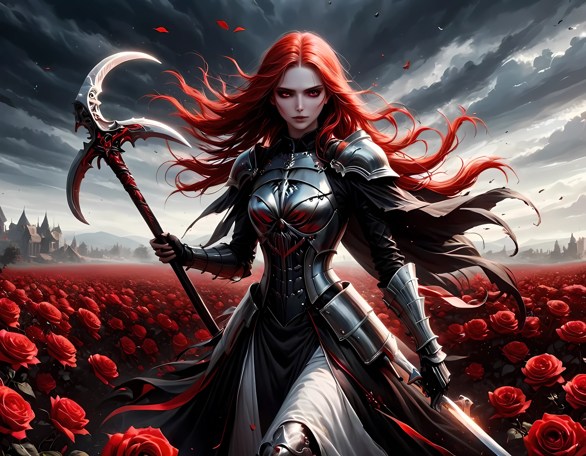 dark fantasy art, a female skeletal grim reaper in a field of white roses, the reaper has (skeletal head: 1.3) , long (red: 1.2) hair , red glowing eyes, she wears black robes, and black armor dress, ArmoredDress, flowing robes, she holds a scythe, in her arms, the scythe is dripping blood, a field of white roses background (best details, Masterpiece, best quality: 1.4), dynamic range, ultra wide shot, photorealism, depth of field, hyper realistic, RagingNebula