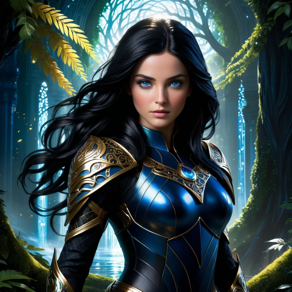 (best quality,4k,highres),determined,brave-hearted Sophia, with her jet-black hair and deep blue eyes, standing boldly in front of the imminent danger that threatens her world. Her unwavering spirit shines through her piercing gaze. The darkness around her is contrasted by the strength that radiates from within her. As she takes a step forward, her determined expression reflects her resolve to save her world. The intricate details of her eyes mesmerize, with striking depth and intensity. Every strand of hair meticulously rendered, showcasing the jet-black color that beautifully frames her face.

The scene is set in a vibrant and fantastical landscape. Lush greenery surrounds Sophia, symbolizing the life force she strives to protect. Majestic trees and colorful blossoms create a serene atmosphere, contrasting the impending danger. The sunlight streams through the leaves, casting enchanting patterns on the ground. The air is filled with an ethereal glow, illuminating every detail with a sense of magic and wonder.

Sophia's attire suits her valiant quest. She wears a regal armor, intricately designed with golden accents and intricate patterns. The armor represents her resilience and unwavering determination. It reflects the light around her, creating a mesmerizing glow. The fabric of her attire flows gracefully, imbued with subtle shades of blue, reminiscent of the deep ocean that mirrors her fearless spirit.

The composition of the scene captures Sophia alone, emphasizing her independent spirit. However, hints of her loyal companions can be seen subtly depicted in the background. The mystic creatures, guardians of the magical realm, watch over her with unwavering devotion. Their presence adds an element of mystique and enchantment to the scene.

The artistic style is a blend of epic fantasy and realism. The intricate details and realistic proportions of Sophia's features, combined with the fantastical elements of the landscape, create a harmonious balance between real