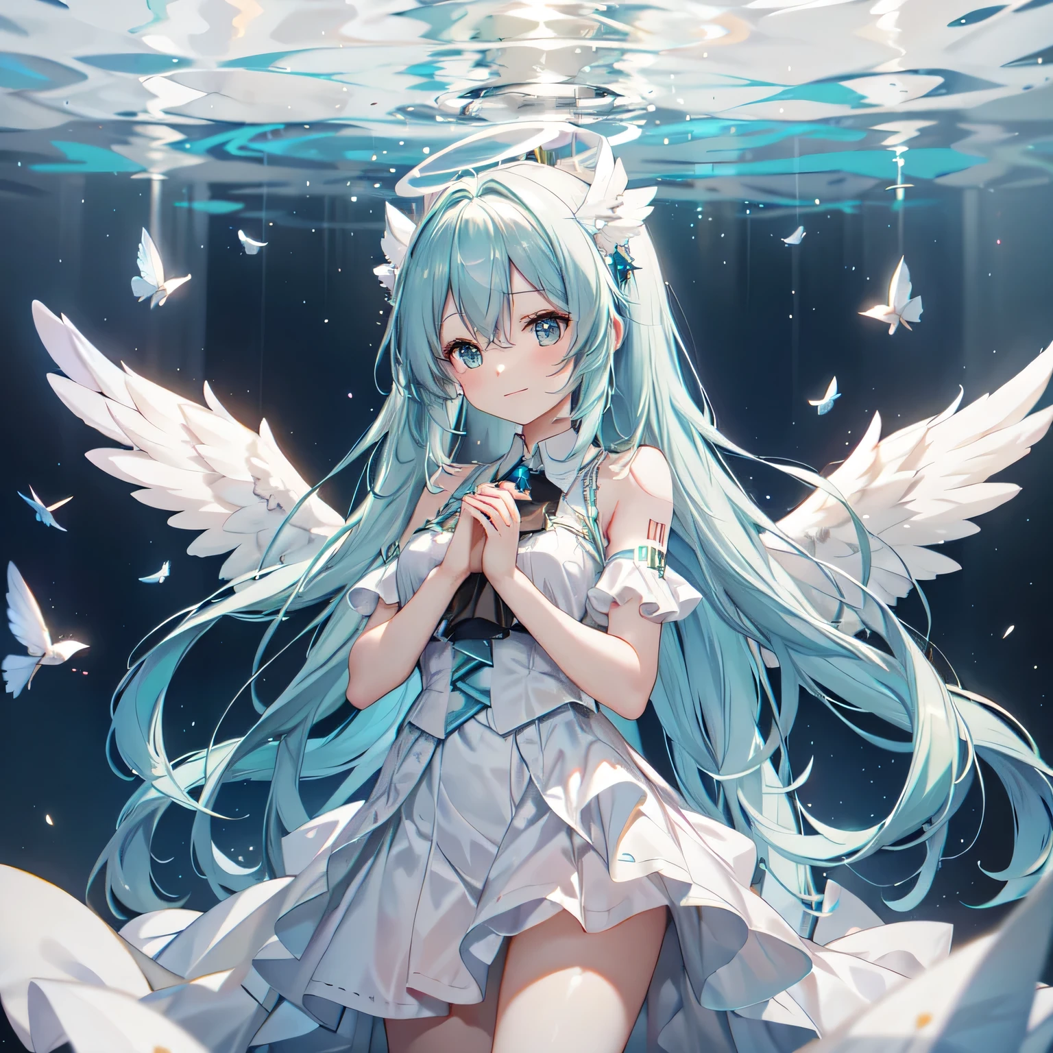 Hatsune Miku、白い天使の羽、透け感のある白いドレス、天使は頭に天使の光輪、天国、私は祈っています、笑顔、フローティング