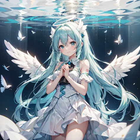 hatsune miku、white angel wings、sheer white dress、angel halo on head、heaven、i am praying、smiling、floating