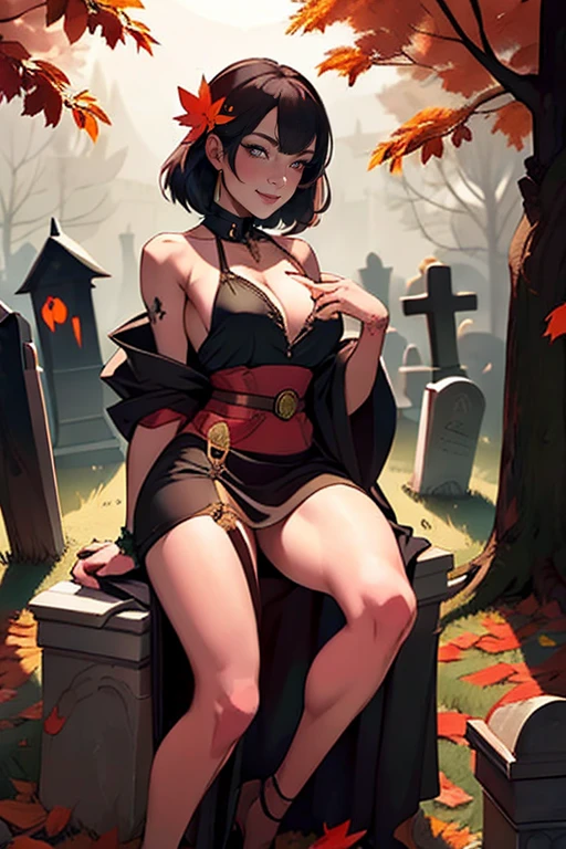 art by doppel, 1zombie girl, in a a spooky graveyard, falling leaves, zombie girl, solo, shoulder sash, high-low skirt, hands between legs