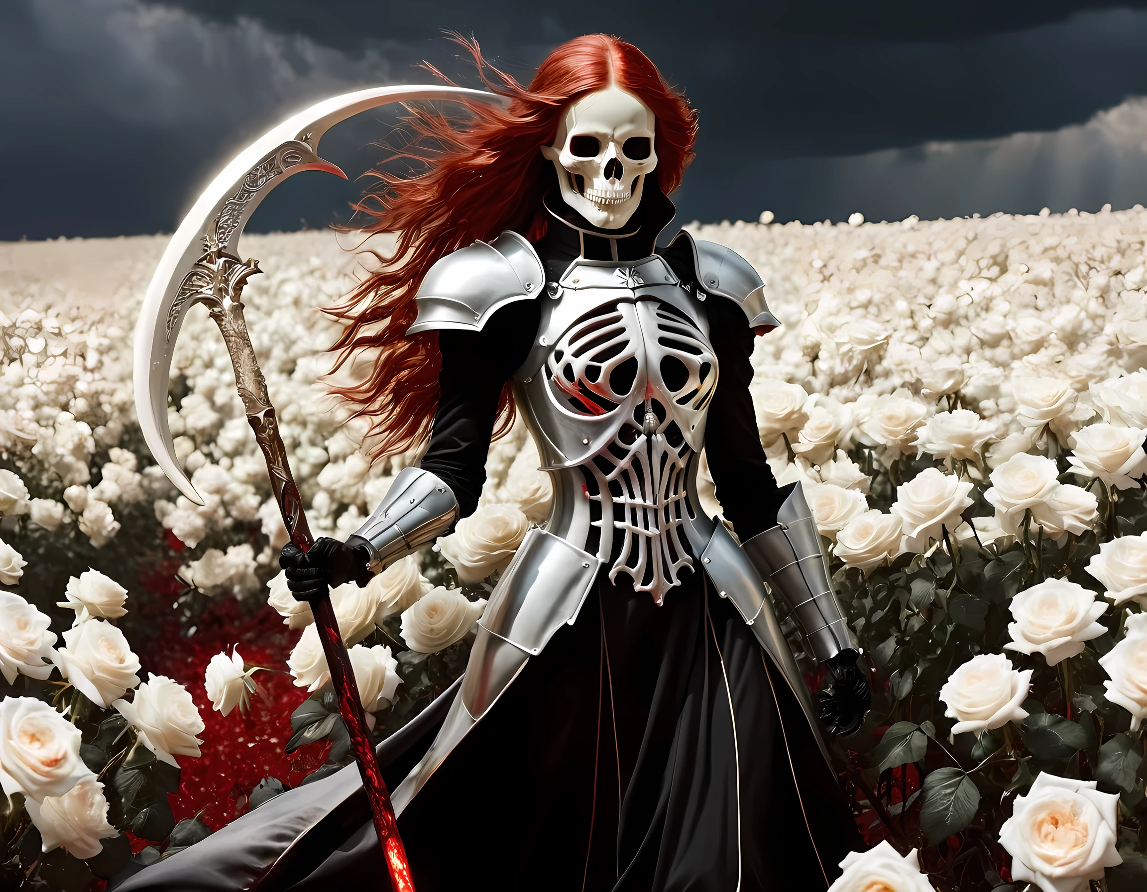 dark fantasy art, a female skeletal grim reaper in a field of white roses, the reaper has (skeletal head: 1.3) , long (red: 1.2) hair , red glowing eyes, she wears black robes, and black armor dress, ArmoredDress, flowing robes, she holds a scythe, in her arms, the scythe is dripping blood, a field of white roses background (best details, Masterpiece, best quality: 1.4), dynamic range, ultra wide shot, photorealism, depth of field, hyper realistic, RagingNebula
