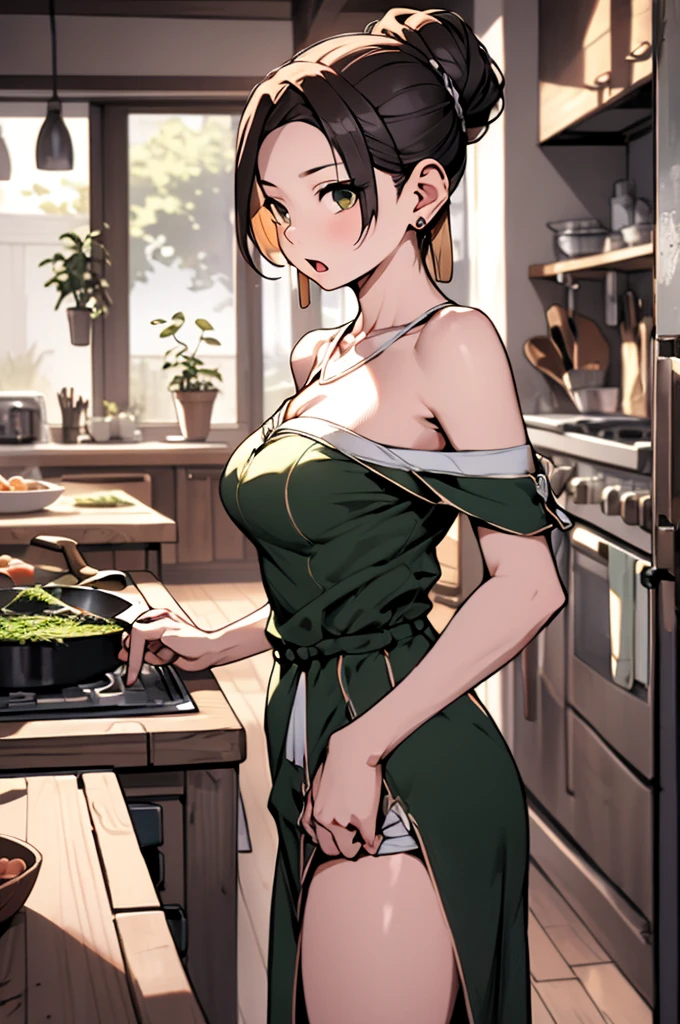 (from above:1.0),(from side:0.9),masterpiece, 1girl, Amazing Cleavage:1.1, thin waist, big ass, Raised sexy, small breast: 1.3, posed cleavage:1.2、solo, looking at viewer, open mouth, have a cute grass of cute beergrass,black hair, dark green eyes, dress, bare shoulders, jewelry, collarbone, sidelocks, hairband, earrings, indoors, off shoulder, :o, sweater, arms behind back, plant, short hair with long locks, gild hairband, off-shoulder dress, sweater dress, off-shoulder sweater, red sweater, dark gord hair, big side hair, very long side hair,is rendered in (masterpiece: 1.2, best quality), with (ultra high resolution) and an exquisite (depth of field). This masterpiece is not only visually stunning but also tells,A scene of cooking in the kitchen by classroom
