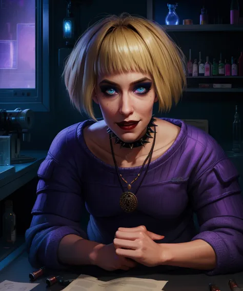 mistyo,blonde hair,blue eyes,medium hair,makeup,
purple sweater,collarbone,choker,necklace,
smile,sitting,
dark room,science fic...