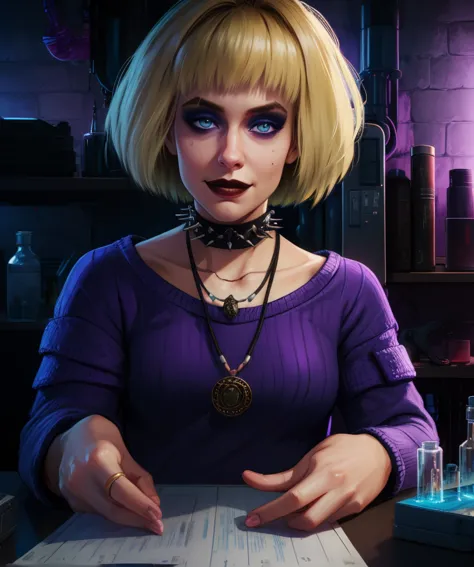 mistyo,blonde hair,blue eyes,medium hair,makeup,
purple sweater,collarbone,choker,necklace,
smile,sitting,
dark room,science fic...