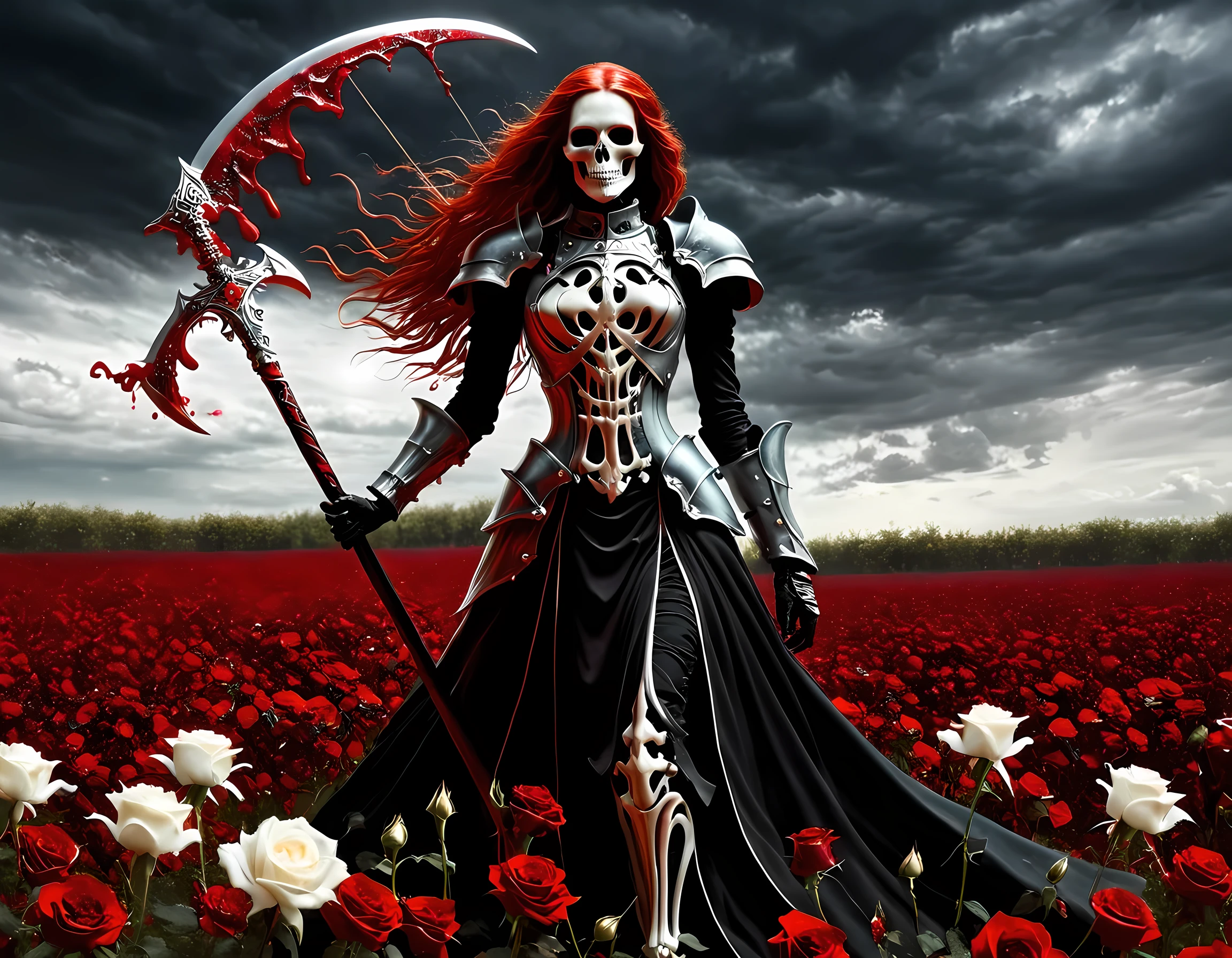 dark fantasy art, a female skeletal grim reaper in a field of white roses, the reaper has (skeletal head: 1.3) , long (red: 1.2) hair , red glowing eyes, she wears black robes, and black armor dress, ArmoredDress, flowing robes, she holds a scythe, in her arms, the scythe is dripping blood, a field of white roses background (best details, Masterpiece, best quality: 1.4), dynamic range, ultra wide shot, photorealism, depth of field, hyper realistic, RagingNebula