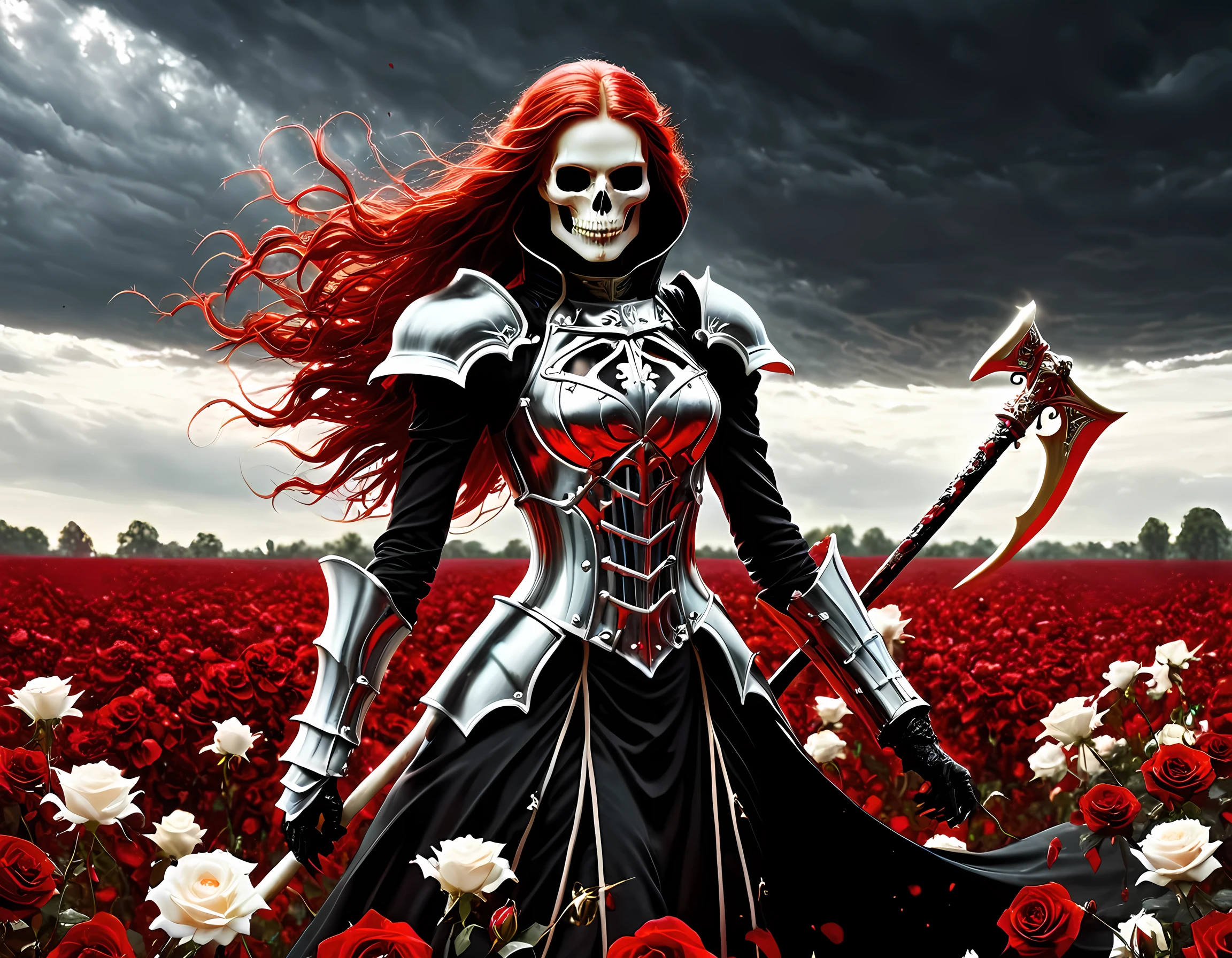 dark fantasy art, a female skeletal grim reaper in a field of white roses, the reaper has (skeletal head: 1.3) , long (red: 1.2) hair , red glowing eyes, she wears black robes, and black armor dress, ArmoredDress, flowing robes, she holds a scythe, in her arms, the scythe is dripping blood, a field of white roses background (best details, Masterpiece, best quality: 1.4), dynamic range, ultra wide shot, photorealism, depth of field, hyper realistic, RagingNebula