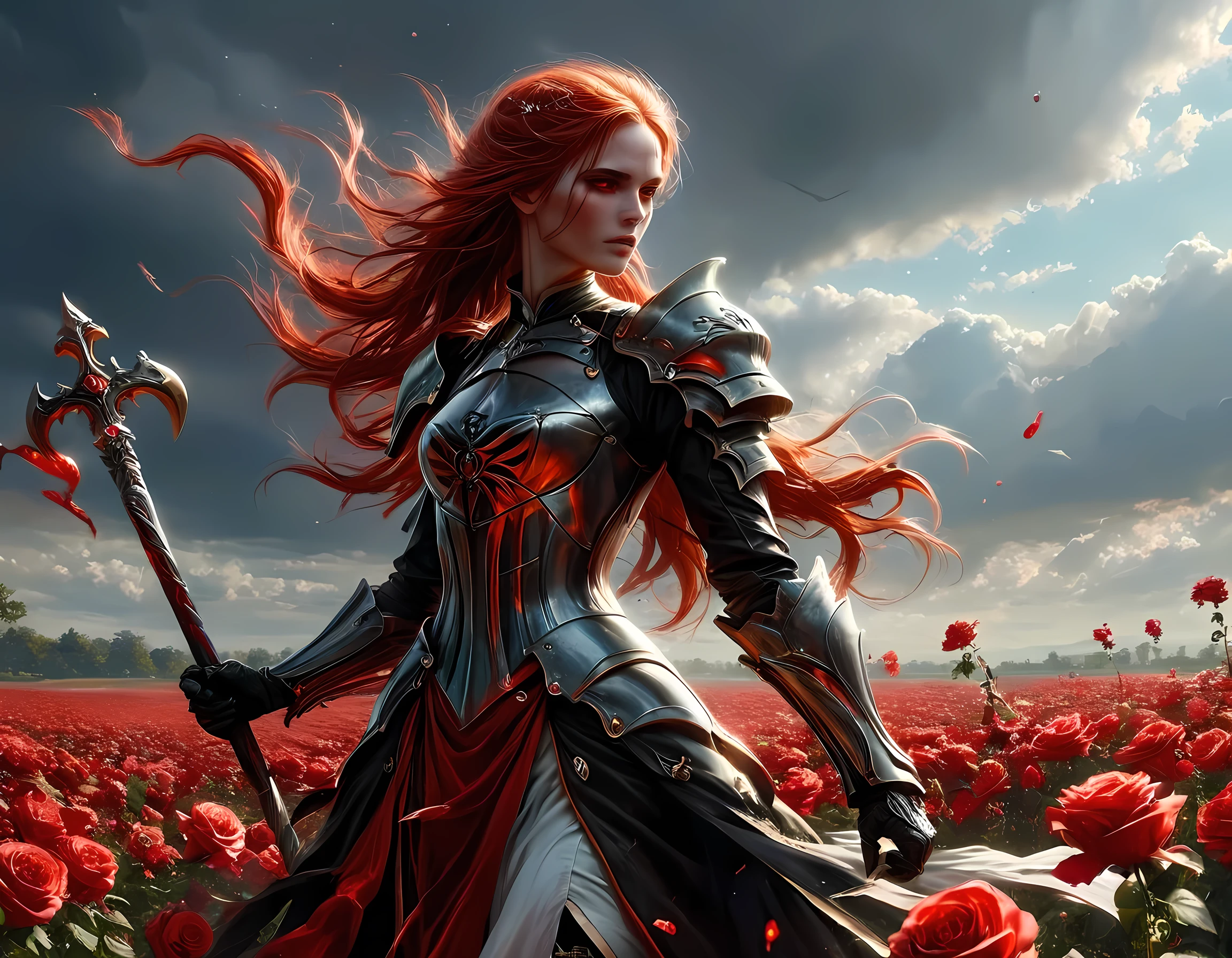 dark fantasy art, a female skeletal grim reaper in a field of white roses, the reaper has (skeletal head: 1.3) , long (red: 1.2) hair , red glowing eyes, she wears black robes, and black armor dress, ArmoredDress, flowing robes, she holds a scythe, in her arms, the scythe is dripping blood, a field of white roses background (best details, Masterpiece, best quality: 1.4), dynamic range, ultra wide shot, photorealism, depth of field, hyper realistic, RagingNebula