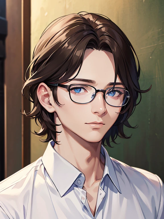 masterpiece, best quality, 1boy, brunette hair, blue eyes, glasses, white shirt, mugshot, wall background, detailed eyes, detailed facial features, realistic and high resolution (best quality, 4k, 8k, highres, masterpiece:1.2)