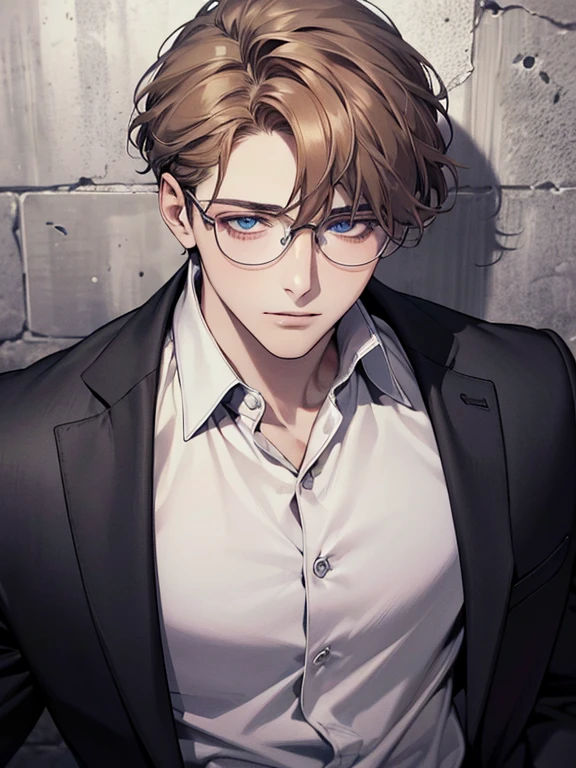 masterpiece, best quality, 1boy, brunette hair, blue eyes, glasses, white shirt, mugshot, wall background, detailed eyes, detailed facial features, realistic and high resolution (best quality, 4k, 8k, highres, masterpiece:1.2)