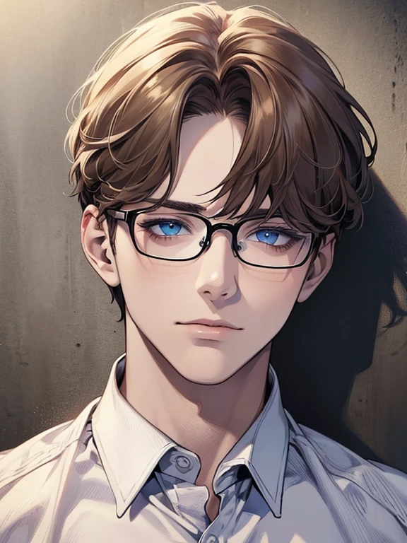 masterpiece, best quality, 1boy, brunette hair, blue eyes, glasses, white shirt, mugshot, wall background, detailed eyes, detailed facial features, realistic and high resolution (best quality, 4k, 8k, highres, masterpiece:1.2)