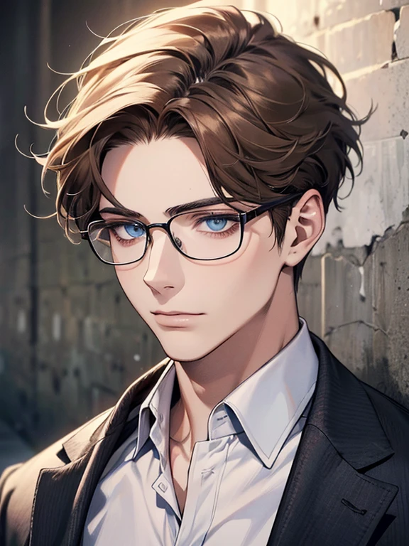 masterpiece, best quality, 1boy, brunette hair, blue eyes, glasses, white shirt, mugshot, wall background, detailed eyes, detailed facial features, realistic and high resolution (best quality, 4k, 8k, highres, masterpiece:1.2)