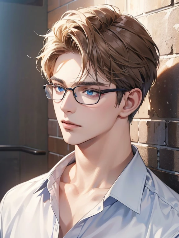 masterpiece, best quality, 1boy, brunette hair, blue eyes, glasses, white shirt, mugshot, wall background, detailed eyes, detailed facial features, realistic and high resolution (best quality, 4k, 8k, highres, masterpiece:1.2)