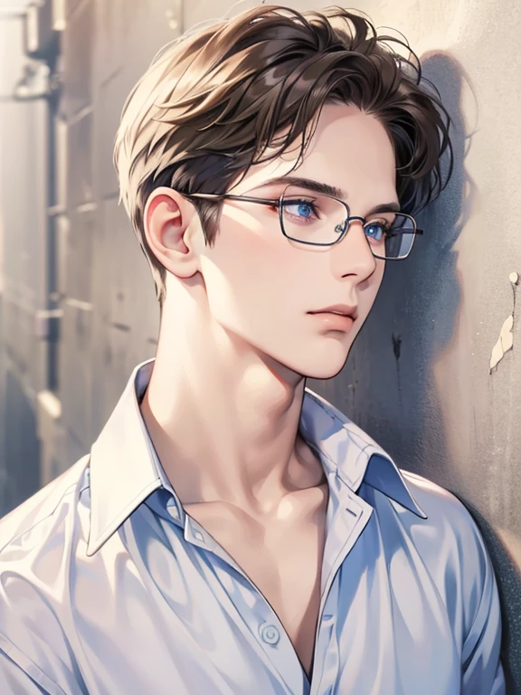 masterpiece, best quality, 1boy, brunette hair, blue eyes, glasses, white shirt, mugshot, wall background, detailed eyes, detailed facial features, realistic and high resolution (best quality, 4k, 8k, highres, masterpiece:1.2)