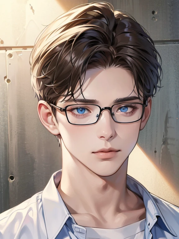 masterpiece, best quality, 1boy, brunette hair, blue eyes, glasses, white shirt, mugshot, wall background, detailed eyes, detailed facial features, realistic and high resolution (best quality, 4k, 8k, highres, masterpiece:1.2)