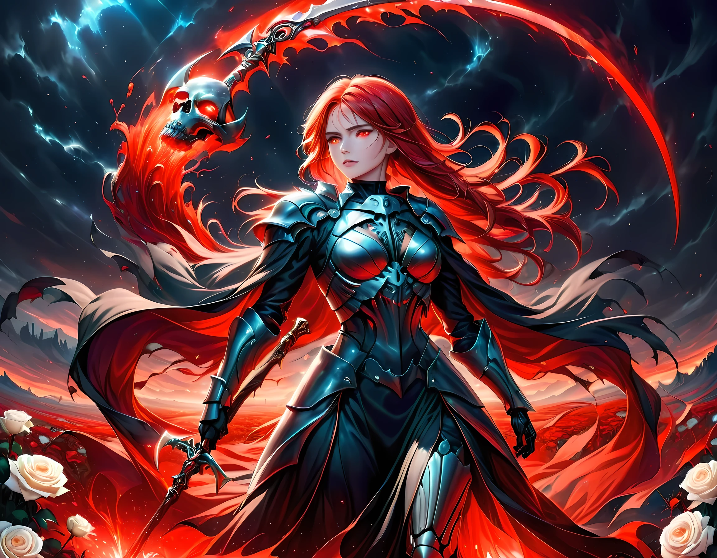 dark fantasy art, a female skeletal grim reaper in a field of white roses, the reaper has (skeletal head: 1.3) , long (red: 1.2) hair , red glowing eyes, she wears black robes, and black armor dress, ArmoredDress, flowing robes, she holds a scythe, in her arms, the scythe is dripping blood, a field of white roses background (best details, Masterpiece, best quality: 1.4), dynamic range, ultra wide shot, photorealism, depth of field, hyper realistic, RagingNebula