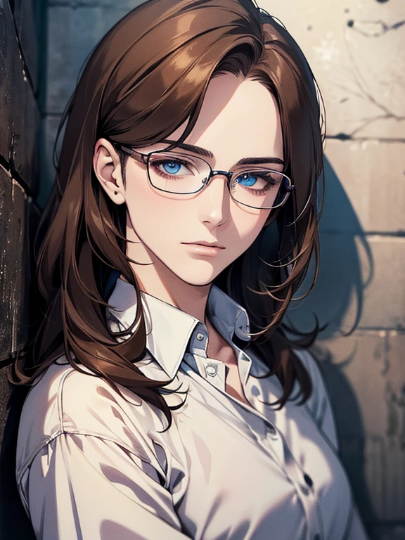 masterpiece, best quality, man,, brunette hair, blue eyes, glasses, white shirt, mugshot, wall background, detailed eyes, detailed facial features, realistic and high resolution (best quality, 4k, 8k, highres, masterpiece:1.2)