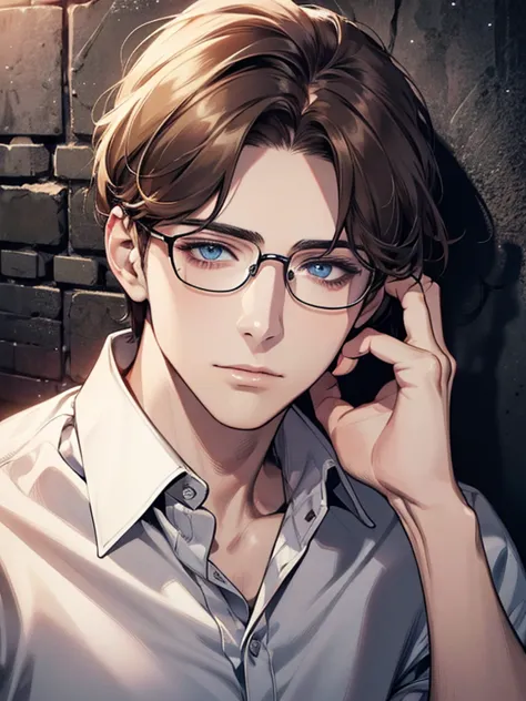 masterpiece, best quality, man,, brunette hair, blue eyes, glasses, white shirt, mugshot, wall background, detailed eyes, detail...