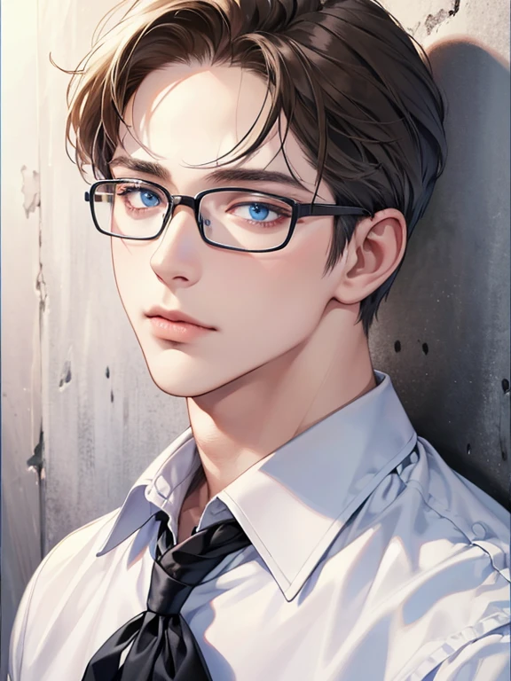 masterpiece, best quality, 1male, brunette hair, blue eyes, glasses, white shirt, mugshot, wall background, detailed eyes, detailed facial features, realistic and high resolution (best quality, 4k, 8k, highres, masterpiece:1.2)