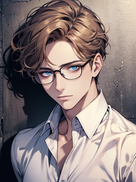 masterpiece, best quality, 1male, brunette hair, blue eyes, glasses, white shirt, mugshot, wall background, detailed eyes, detailed facial features, realistic and high resolution (best quality, 4k, 8k, highres, masterpiece:1.2)