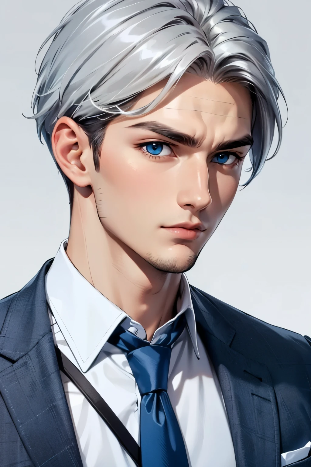 Boy, silver hair, blue eyes, serious sharp features, white skin, handsome, shirt, coat