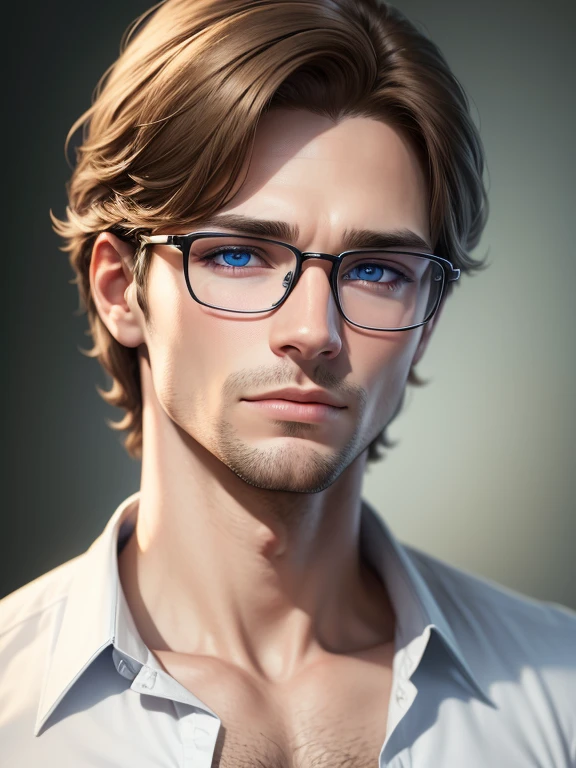 masterpiece, best quality, 1male, brunette hair, blue eyes, glasses, white shirt, mugshot, wall background, detailed eyes, detailed facial features, realistic and high resolution (best quality, 4k, 8k, highres, masterpiece:1.2)