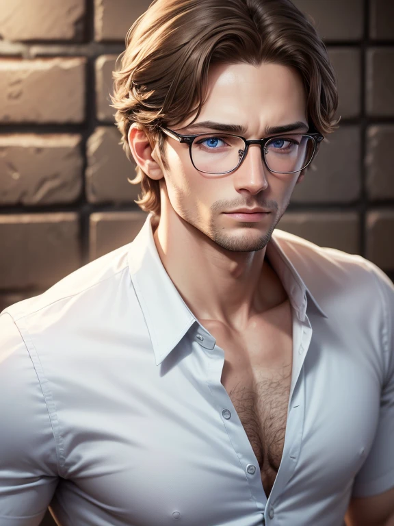 masterpiece, best quality, 1male, brunette hair, blue eyes, glasses, white shirt, mugshot, wall background, detailed eyes, detailed facial features, realistic and high resolution (best quality, 4k, 8k, highres, masterpiece:1.2)