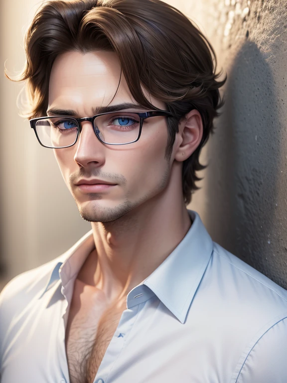 masterpiece, best quality, 1male, brunette hair, blue eyes, glasses, white shirt, mugshot, wall background, detailed eyes, detailed facial features, realistic and high resolution (best quality, 4k, 8k, highres, masterpiece:1.2)