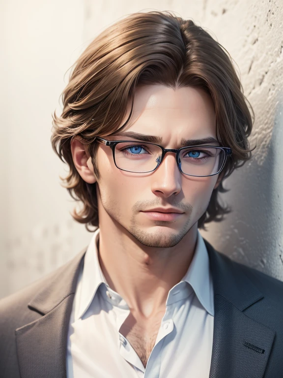 masterpiece, best quality, 1male, brunette hair, blue eyes, glasses, white shirt, mugshot, wall background, detailed eyes, detailed facial features, realistic and high resolution (best quality, 4k, 8k, highres, masterpiece:1.2)