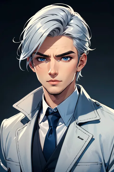 boy, silver hair, blue eyes, serious sharp features, white skin, handsome, shirt, coat