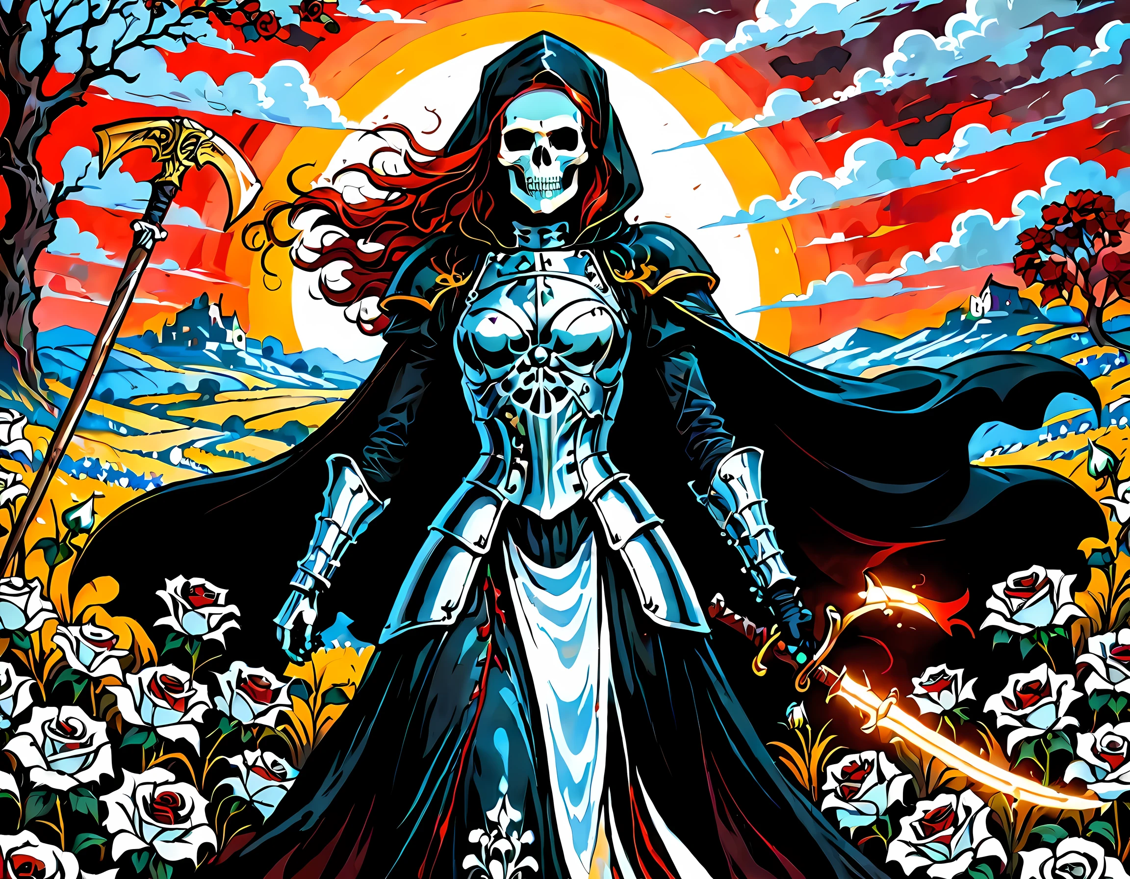 dark fantasy art, a female skeletal grim reaper in a field of white roses, the reaper has (skeletal head: 1.3) , long (red: 1.2) hair , red glowing eyes, she wears black robes, and black armor dress, ArmoredDress, flowing robes, she holds a scythe, in her arms, the scythe is dripping blood, a field of white roses background (best details, Masterpiece, best quality: 1.4), dynamic range, ultra wide shot, photorealism, depth of field, hyper realistic, RagingNebula