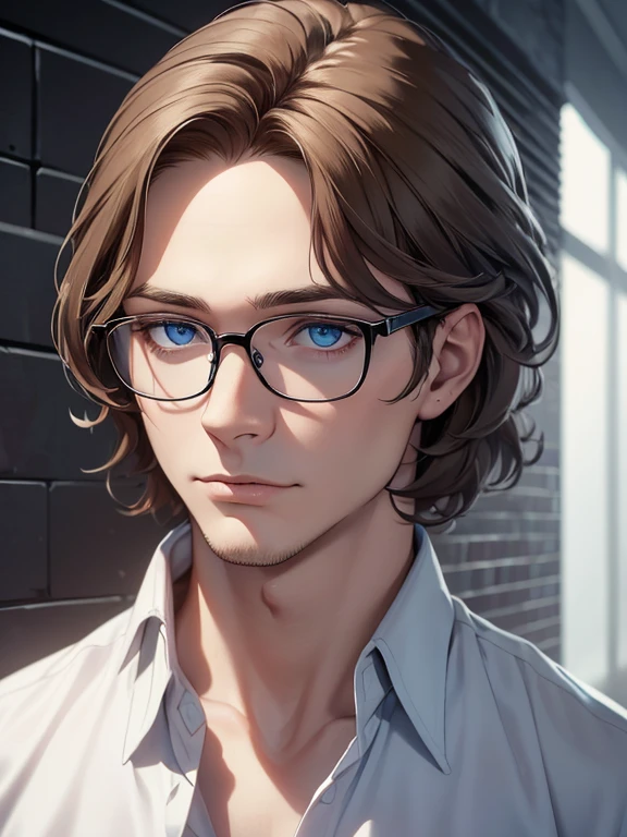 masterpiece, best quality, 1male, brunette hair, blue eyes, glasses, white shirt, mugshot, wall background, detailed eyes, detailed facial features, realistic and high resolution (best quality, 4k, 8k, highres, masterpiece:1.2)