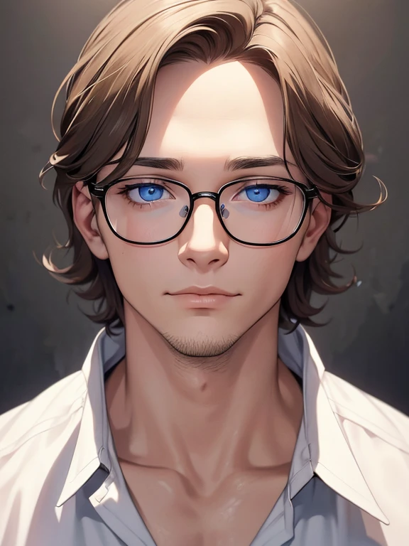 masterpiece, best quality, 1male, brunette hair, blue eyes, glasses, white shirt, mugshot, wall background, detailed eyes, detailed facial features, realistic and high resolution (best quality, 4k, 8k, highres, masterpiece:1.2)