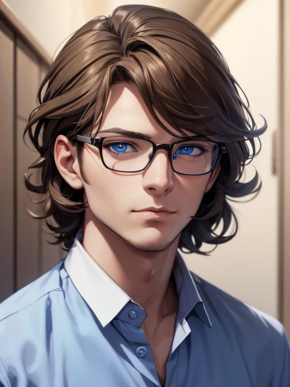 masterpiece, best quality, 1male, brunette hair, blue eyes, glasses, white shirt, mugshot, wall background, detailed eyes, detailed facial features, realistic and high resolution (best quality, 4k, 8k, highres, masterpiece:1.2)